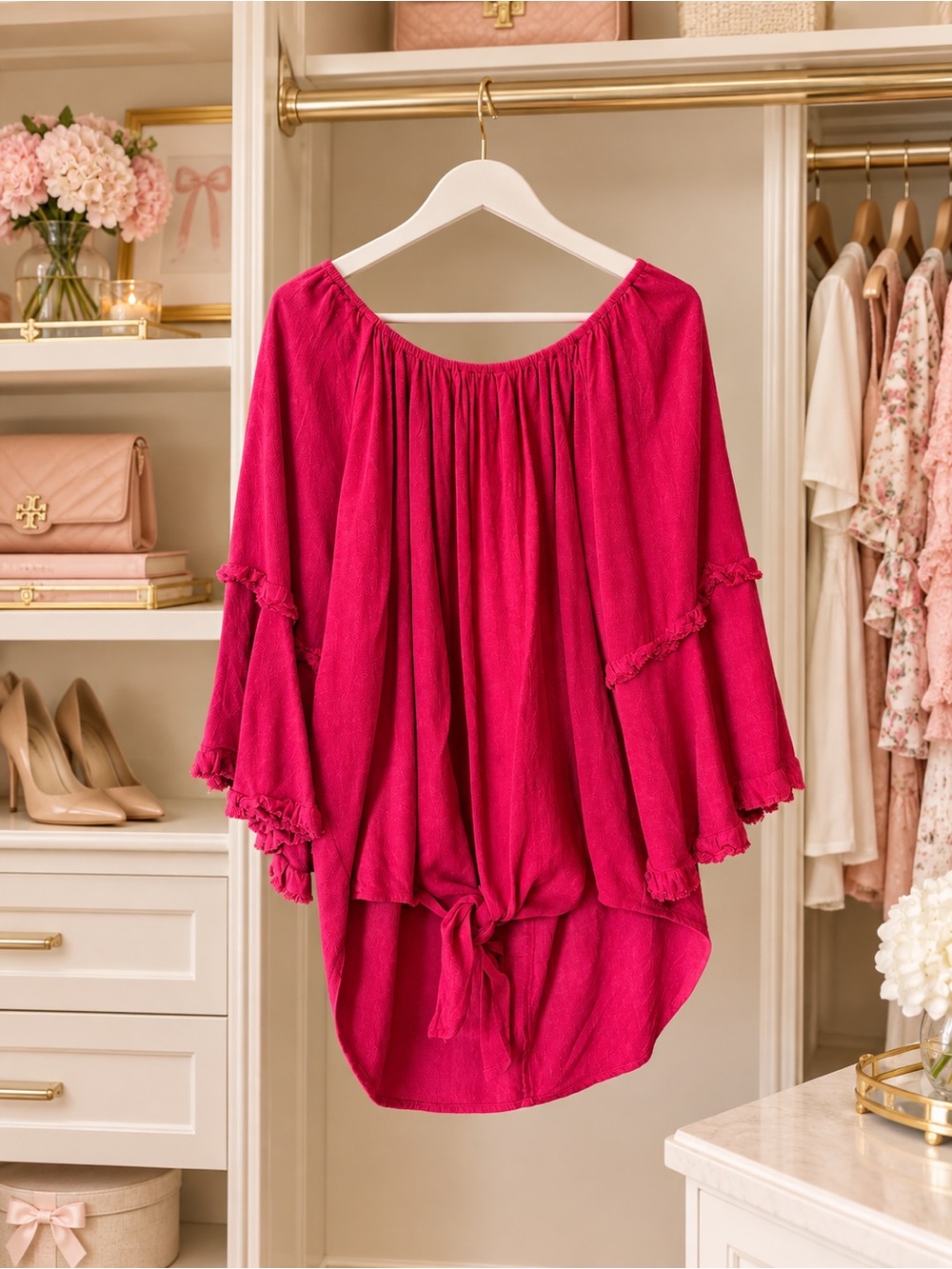 Umgee Cranberry Red Tiered Ruffle Sleeve Tie Front Peasant Blouse Size M - EUC